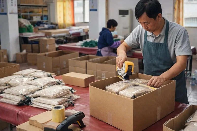 Chinese bag factory worker packing finished bags into export cartons