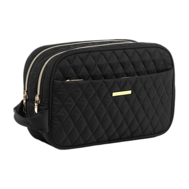 black quilted cosmetic pouch on clean white background