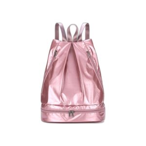 pink drawstring travel backpack on clean white background